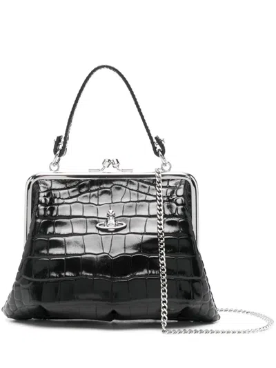 Vivienne Westwood Granny Frame Purse In Crocembossed Black Leather