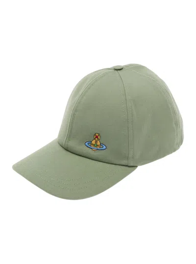 VIVIENNE WESTWOOD GREEN BASEBALL CAP WITH ORB EMBROIDERY IN COTTON MAN
