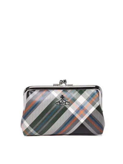 Vivienne Westwood Green Polyurethane Plaid Clutch In Grey