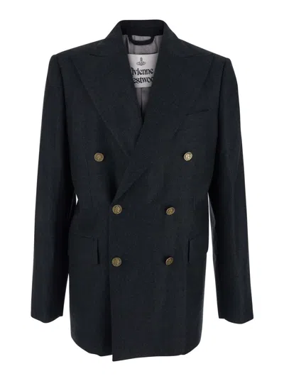 VIVIENNE WESTWOOD GREY DOUBLE-BREASTED JACKET WITH WIDE PEAK LAPELS IN WOOL MAN