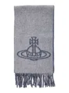 Vivienne Westwood Grey Scarf With Fringed Hem And Orb Embroidery On The Front In Wool Unisex In Gray