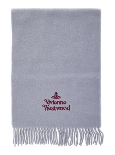 Vivienne Westwood Grey Scarf With Fringed Hem And Orb Embroidery On The Front In Wool Unisex In Gray