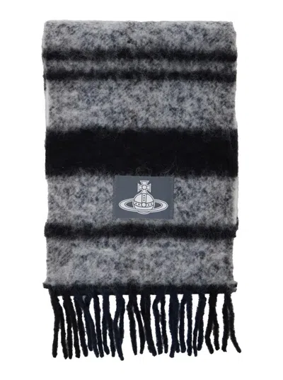 Vivienne Westwood Grey Scarf With Orb Patch On The Front And All-over Striped Motif In Wool Unisex In Gray