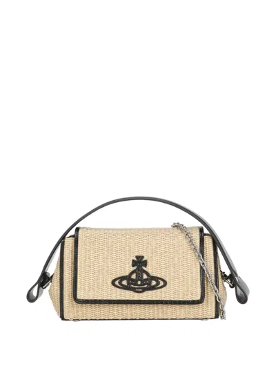 Vivienne Westwood Medium Woven Raffia Shoulder Bag With Leather Accents And Distinctive Logo Patch In Brown
