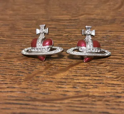 Pre-owned Vivienne Westwood Heart Red Orb Earrings In Silver
