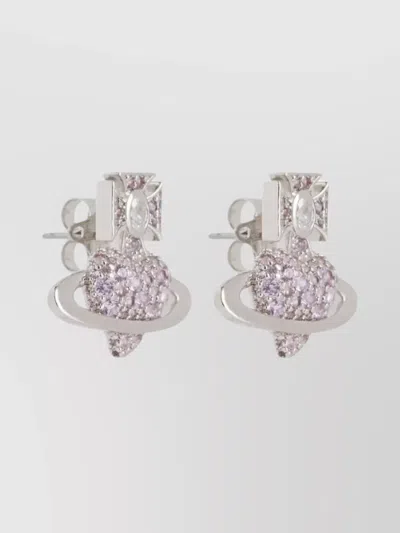 Vivienne Westwood Heart Stud Earrings Pair Crystal Embellishments In Metallic