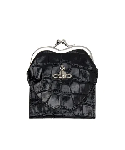 Vivienne Westwood Heart-frame Croc-embossed Wallet In Black