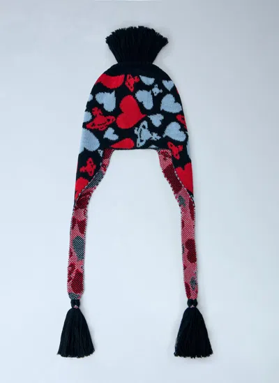 Vivienne Westwood Hearts And Orb Flap Knit Cap In Multi