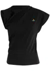 Vivienne Westwood 'hebo' Black T-shirt With Asymmetric Ruched Short Sleeves And Orb Logo On The Front In Black