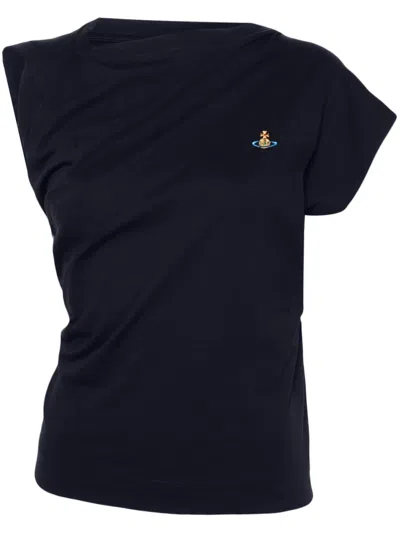 Vivienne Westwood Hebo One-shoulder Cotton Top With Embroidered Orb Logo In Blue