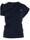 Vivienne Westwood 'hebo' Black T-shirt With Asymmetric Ruched Short Sleeves And Orb Logo On The Front In Blau