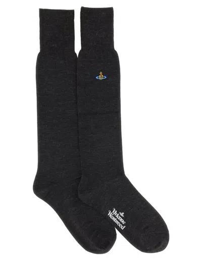 Vivienne Westwood High Socks With Orb Embroidery In Grey