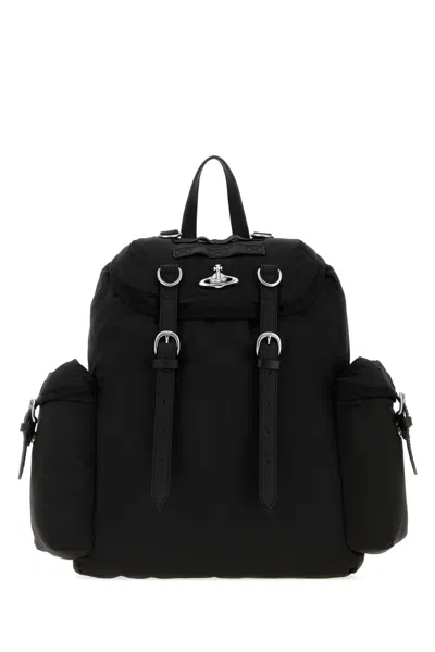 Vivienne Westwood Highland Fabric Backpack With Silver Metal Hardware, 40 X 47 X 13 Cm In Black