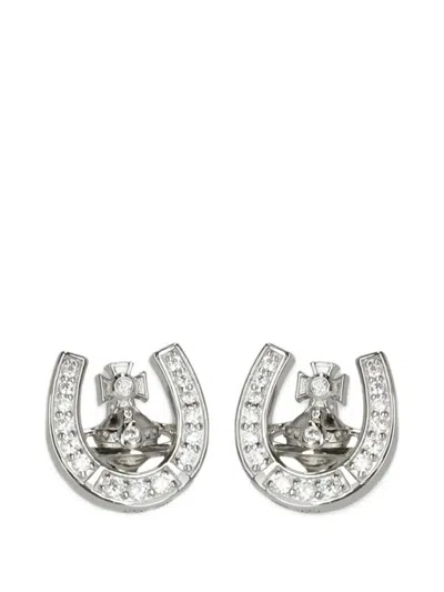 Vivienne Westwood Horseshoe Stud Earrings Crystal Strass Cross In Metallic
