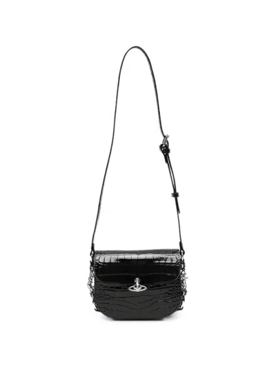Vivienne Westwood Hunter Flap Croc-embossed Mini Crossbody Bag In Black