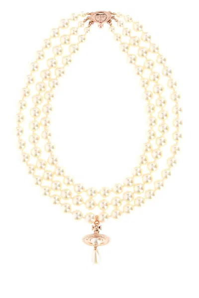 Vivienne Westwood Ivory Pearls Three Row Pearl Drop Choker In Neutral