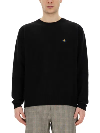 Vivienne Westwood Black Crewneck Sweater With Orb Embroidery In Cotton And Cashmere