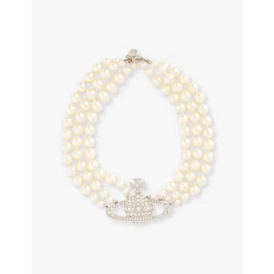 Vivienne Westwood Jewellery Three Row Bas Relief Brass And Swarovski-pearl Choker Necklace In Platinum/pearl/crystal