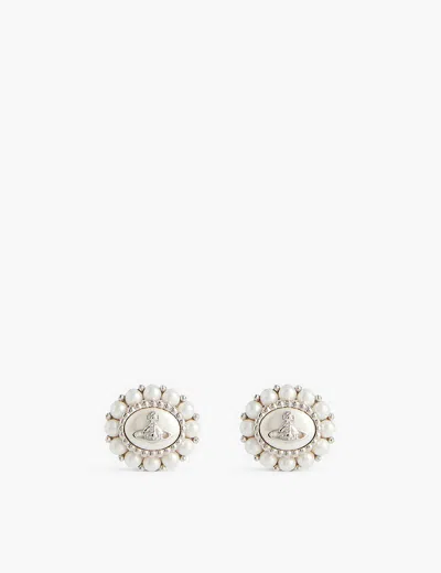 Vivienne Westwood Jewellery Womens Platinum Amaya Brand-orb Brass And Faux Pearl Stud Earrings