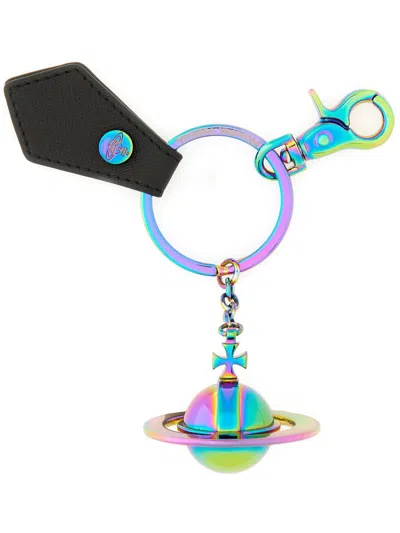 Vivienne Westwood 3d Orb Keychain Iridescent Finish In Black