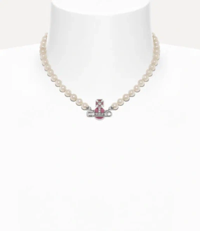 Vivienne Westwood Kitty Pearl Necklace -silverwhitecrystal-light-rose-enamel Brass Women