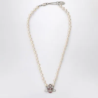 VIVIENNE WESTWOOD KITTY PEARL NECKLACE WITH PLATINUM FINISH