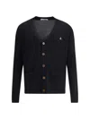 Vivienne Westwood Black V Neck Cardigan With Orb Embroidery In Cotton And Cashmere In Black
