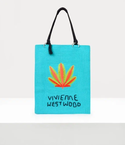 Vivienne Westwood Large Mabel Crochet Tote Bag Embroid Cotton Yarn Blue-weed-leaf