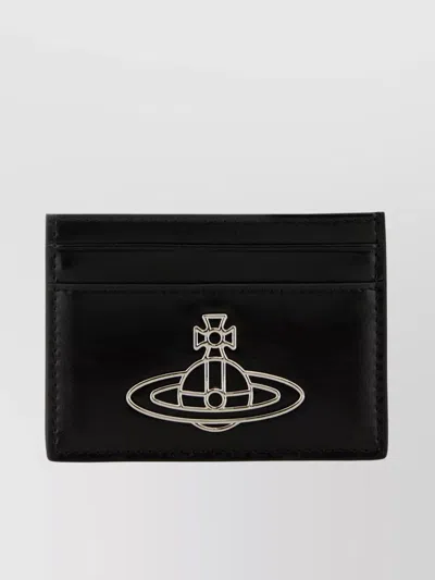 Vivienne Westwood Leather Card Holder Featuring Metallic Logo In Gray