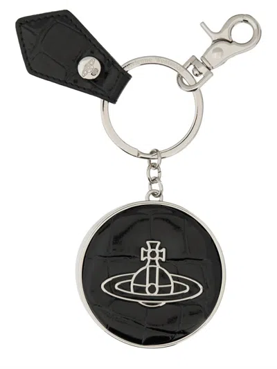 Vivienne Westwood Leather "orb" Keychain In Black