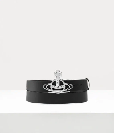 Vivienne Westwood Line Orb Buckle Belt/silver Vacchetta Leather Black One Size Unisex
