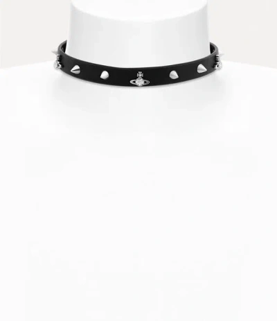Vivienne Westwood Lio Choker Silverblackleather-whitecrystal Brass Women In Black