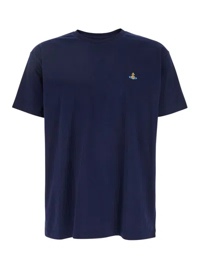VIVIENNE WESTWOOD BLUE CREWNECK T-SHIRT WITH ORB LOGO DETAIL ON THE FRONT IN COTTON WOMAN