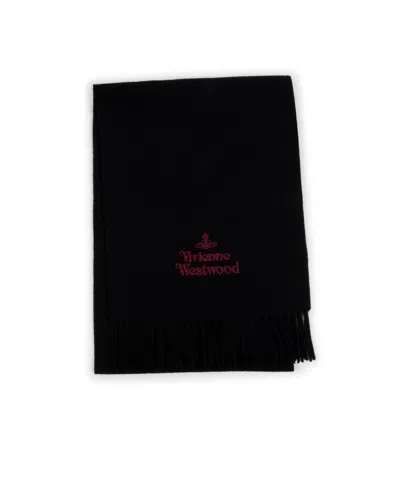 Vivienne Westwood Logo Embroidered Fringed Scarf In Black