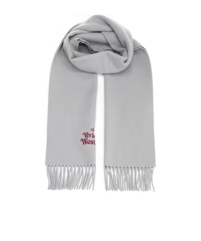 Vivienne Westwood Logo Embroidered Fringed Scarf In Gray