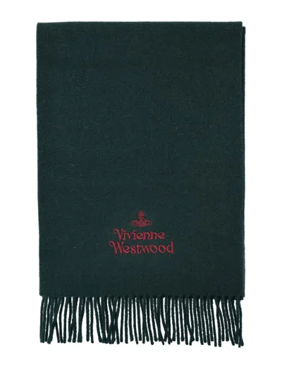 Vivienne Westwood Logo Embroidered Fringed Scarf In Green