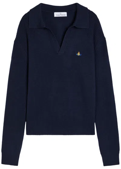 Vivienne Westwood Logo-embroidered Wool And Cashmere-blend Polo Jumper In Blue