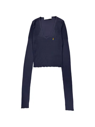 Vivienne Westwood Logo Embroidery V-neck Sweater In Blue