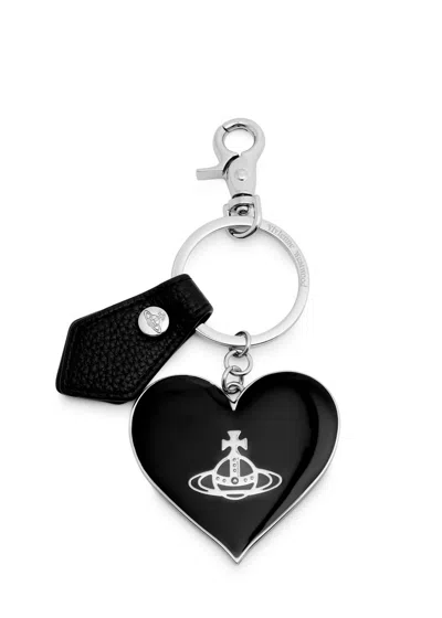 Vivienne Westwood Logo Heart Silver-plated Keyring In Black