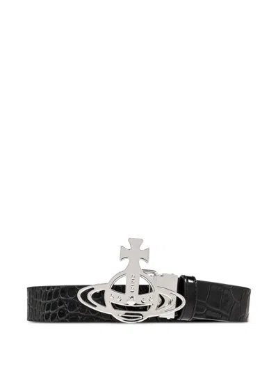 Vivienne Westwood Logo Orb-embellished Crocodile-effect Belt In Black