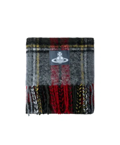 Vivienne Westwood Logo Patch Checked Fringed Scarf In Multi