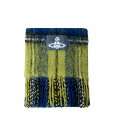 Vivienne Westwood Logo Patch Checked Fringed Scarf In Green