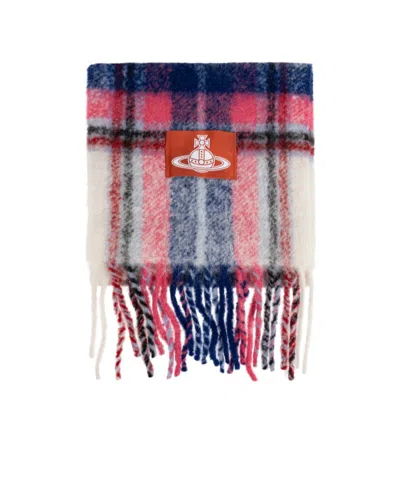 Vivienne Westwood Logo Patch Checked Fringed Scarf In Multi