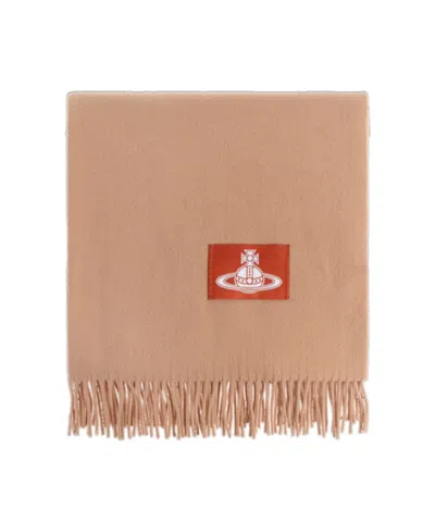 Vivienne Westwood Logo-patch Fringed Scarf In Neutral