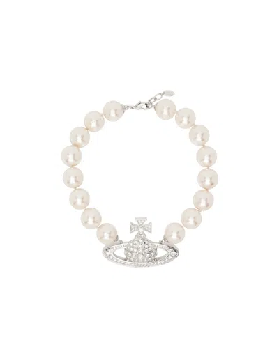 Vivienne Westwood Logo-plaque Pearl Necklace In White