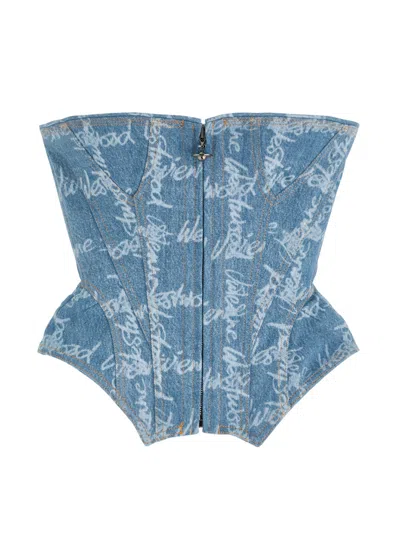 VIVIENNE WESTWOOD VIVIENNE WESTWOOD LOGO-PRINT STRAPLESS DENIM CORSET TOP