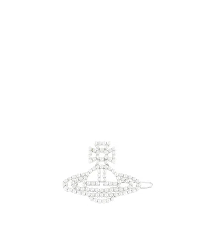 Vivienne Westwood Logo Shaped Embellished Brooch In White