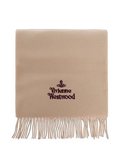 Vivienne Westwood Logo-embroidered Fringed Scarf In Neutral