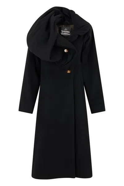 Vivienne Westwood Long Black Wool-cashmere Coat With Asymmetric Buttoning