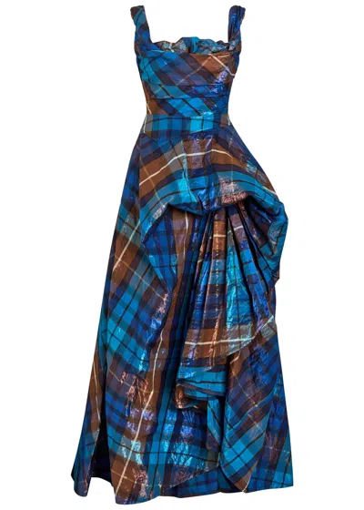 Vivienne Westwood Long Chichi Tartan Gathered Woven Gown In Blue